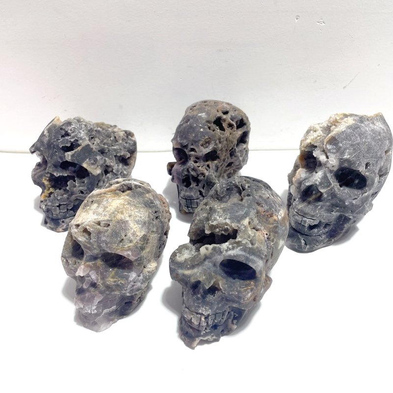 5 Pieces Druzy Geode Purple Fluorite Skull Carving - Wholesale Crystals