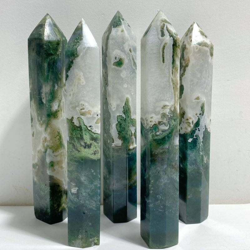 5 Pieces Large Green Moss Agate Point -Wholesale Crystals