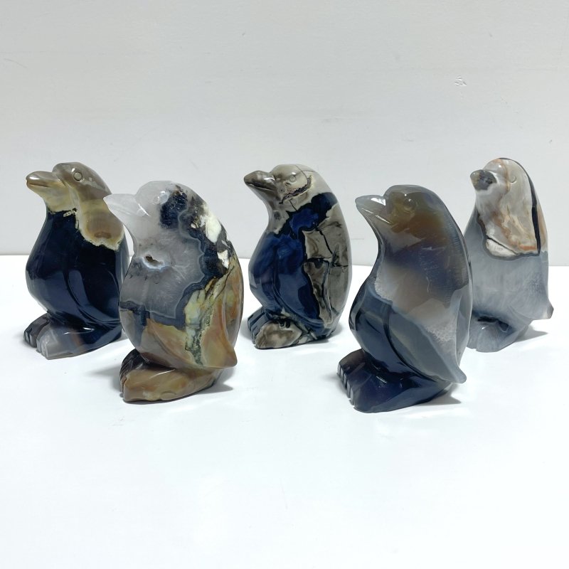 5 Pieces Volcano Agate Penguin Carving(UV - Reactive) - Wholesale Crystals