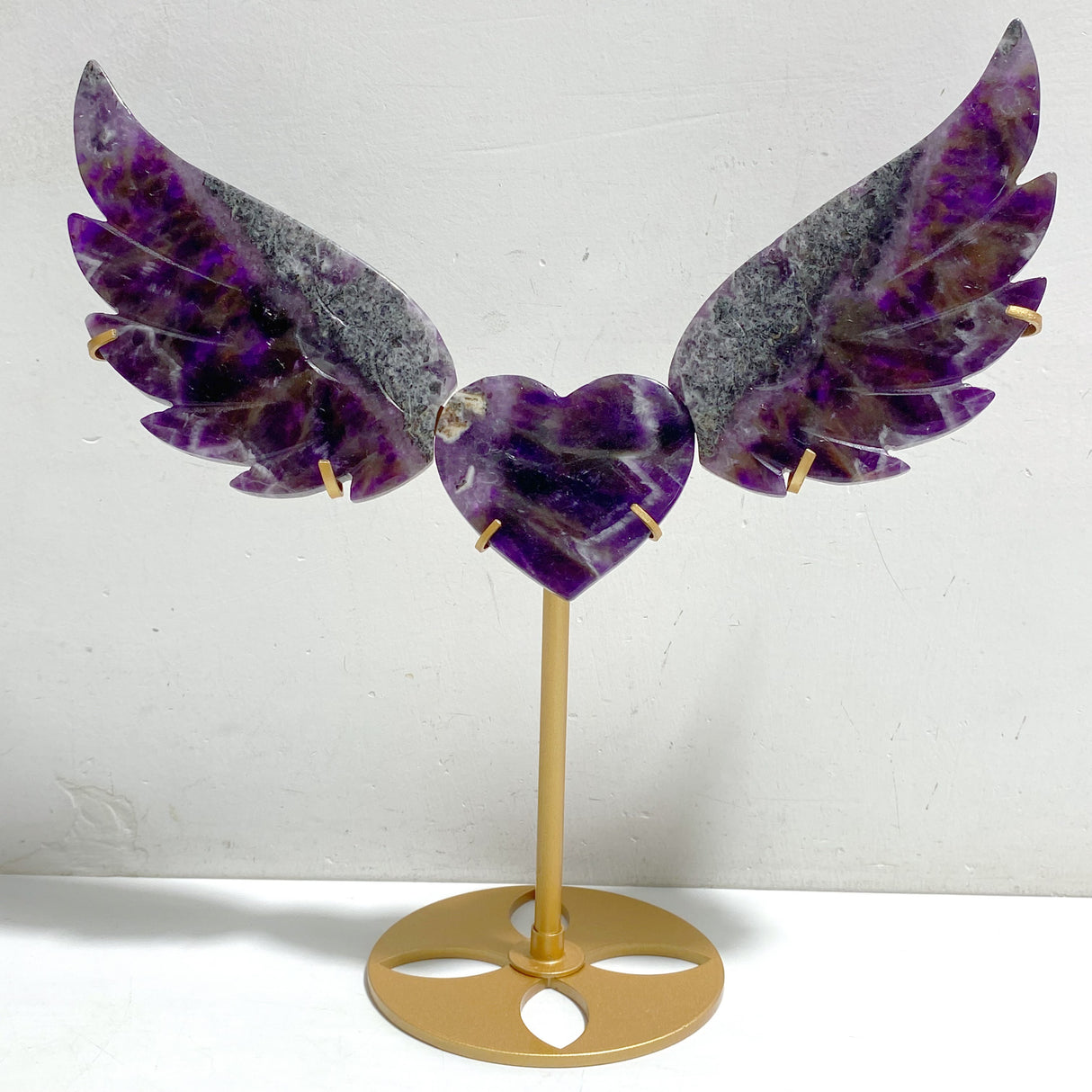 Unique Chevron Amethyst Heart Wing Carving With Stand