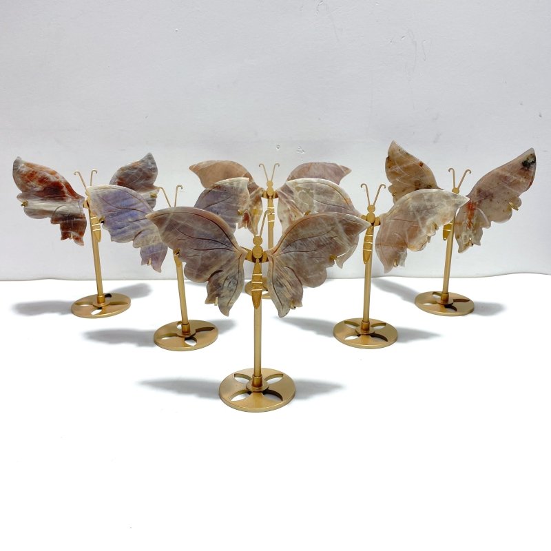 6 Pairs Sunstone Mixed Moonstone Butterfly Wing Carving With Stand - Wholesale Crystals