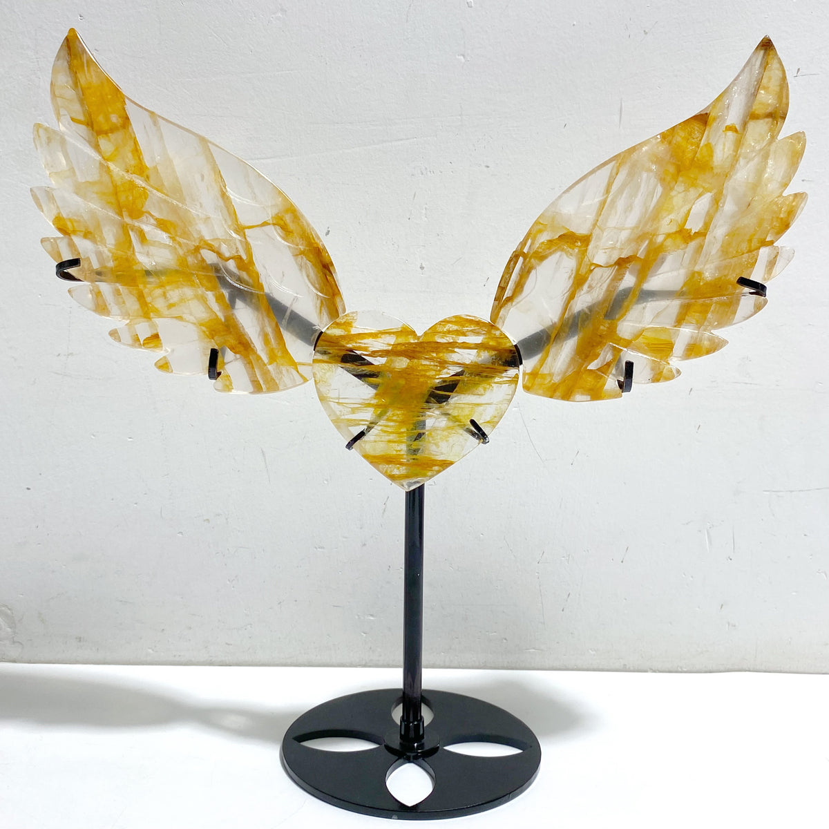 Golden Hematoid Quartz Heart Wing Carving With Stand Fire Quartz