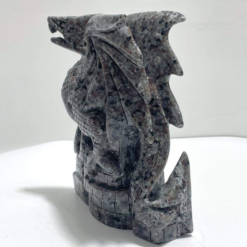 7.1in Unique Yooperlite Flying Dragon With Castle Carving (UV - Reactive) - Wholesale Crystals