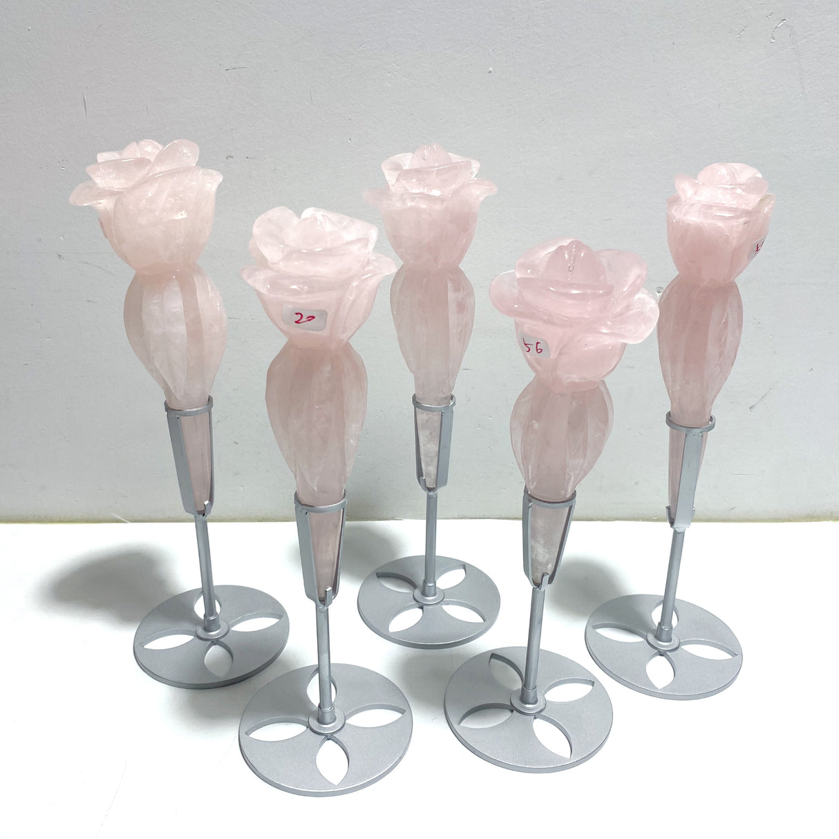 5 Pieces Rose Quartz Flower Carving With Stand
