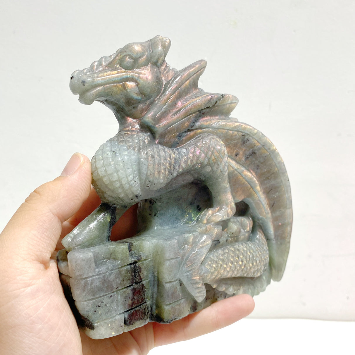 Unique Labradorite Flying Dragon Castle Carving