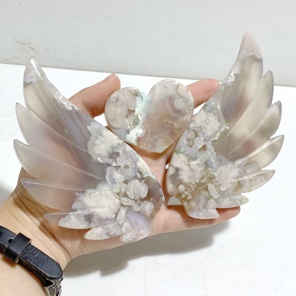 Green Sakura Flower Agate Heart Wing Carving With Stand