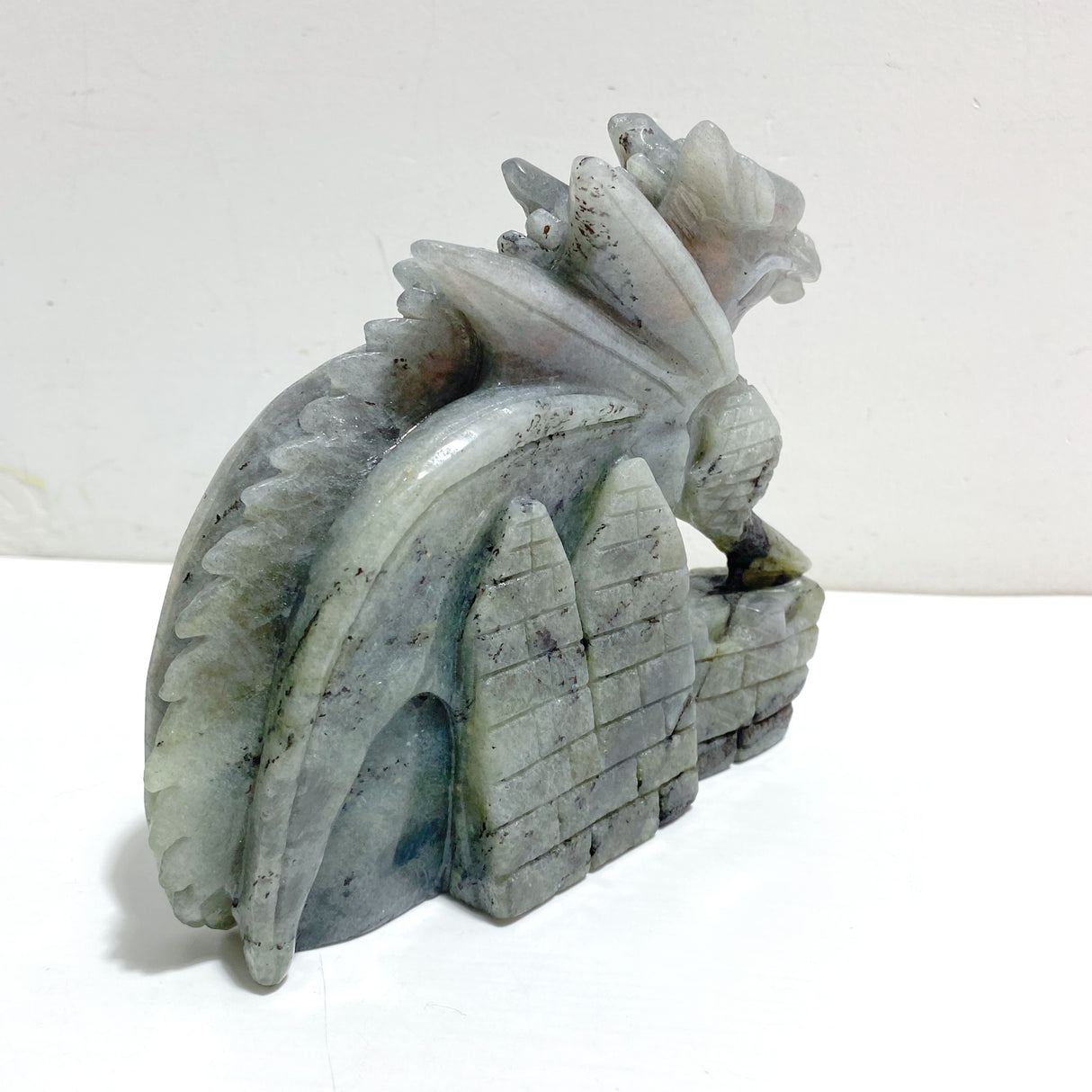 Unique Labradorite Flying Dragon Castle Carving