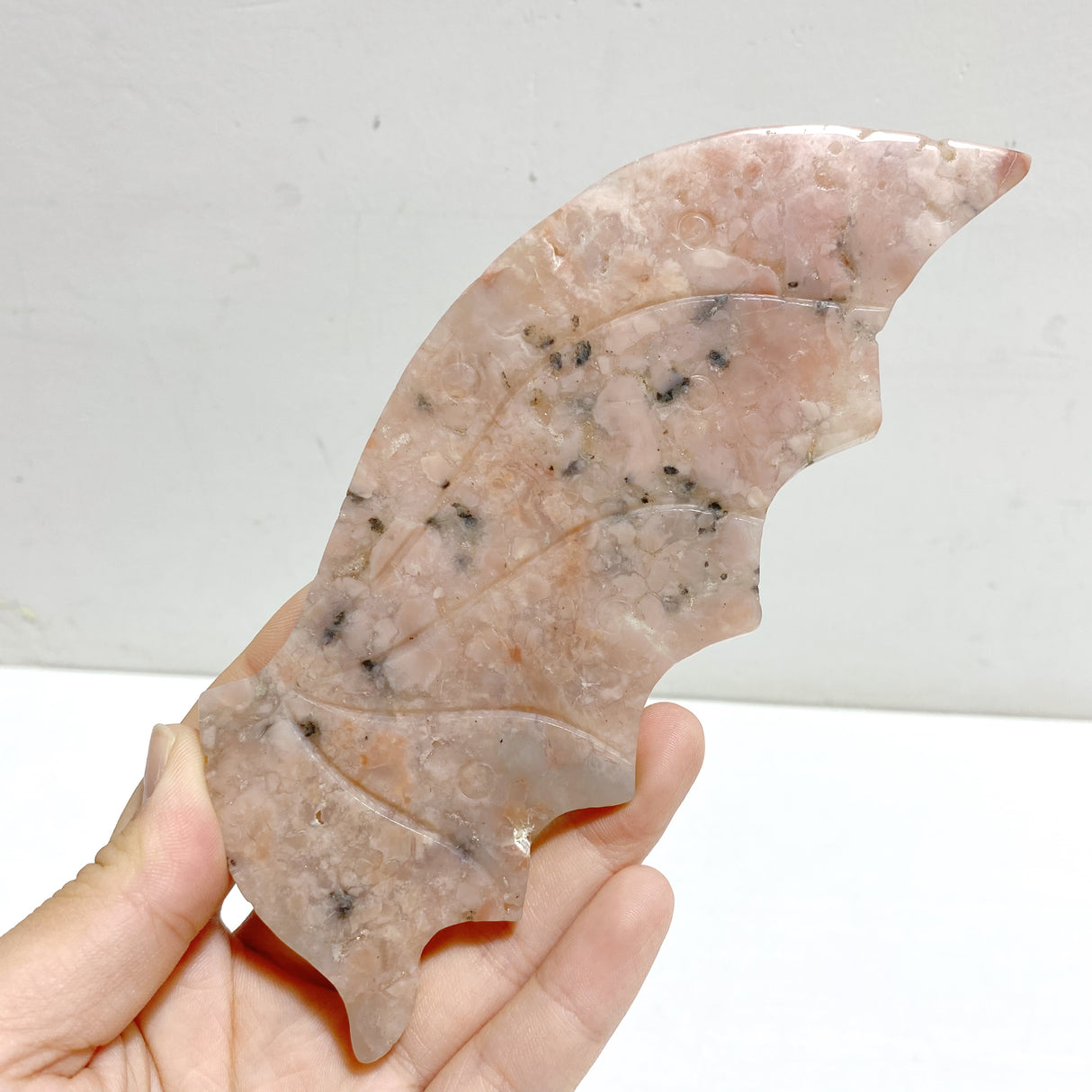 Pink Agate Flying Dragon Wing Carving With Stand