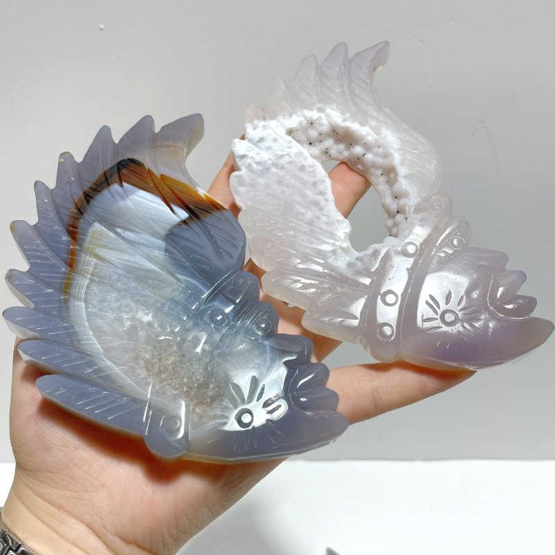 9 Pieces Geode Druzy Agate Indian Feathers Carving - Wholesale Crystals