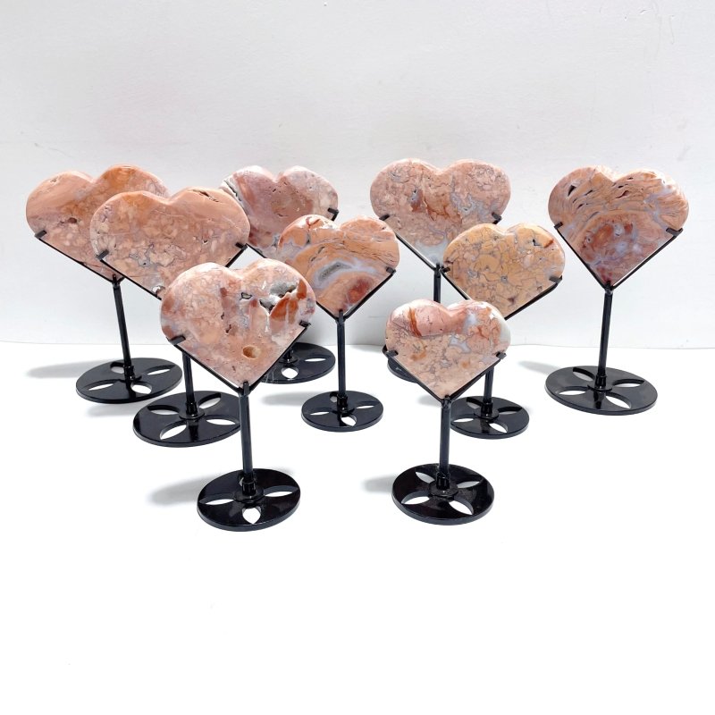 9 Pieces Pink Agate Heart With Stand - Wholesale Crystals