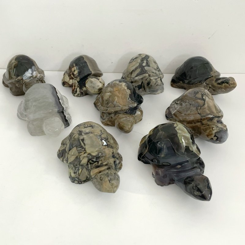 9 Pieces Volcano Agate Turtle Carving(UV - Reactive) - Wholesale Crystals