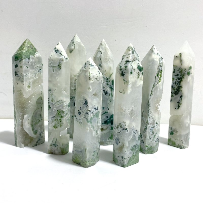 9 Pieces White Geode Druzy Moss Agate Point - Wholesale Crystals