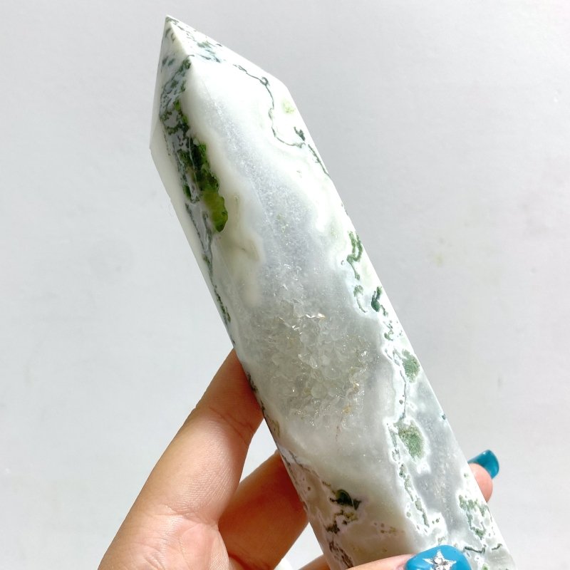 9 Pieces White Geode Druzy Moss Agate Point - Wholesale Crystals