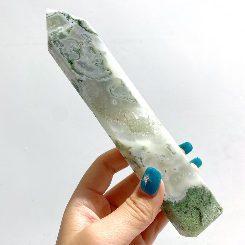 9 Pieces White Geode Druzy Moss Agate Point - Wholesale Crystals