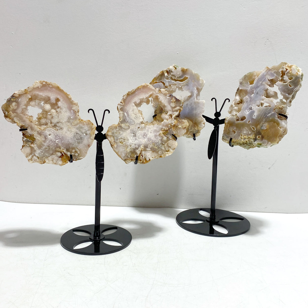 2 Pairs Geode Druzy Sakura Flower Agate Butterfly Wing With Stand