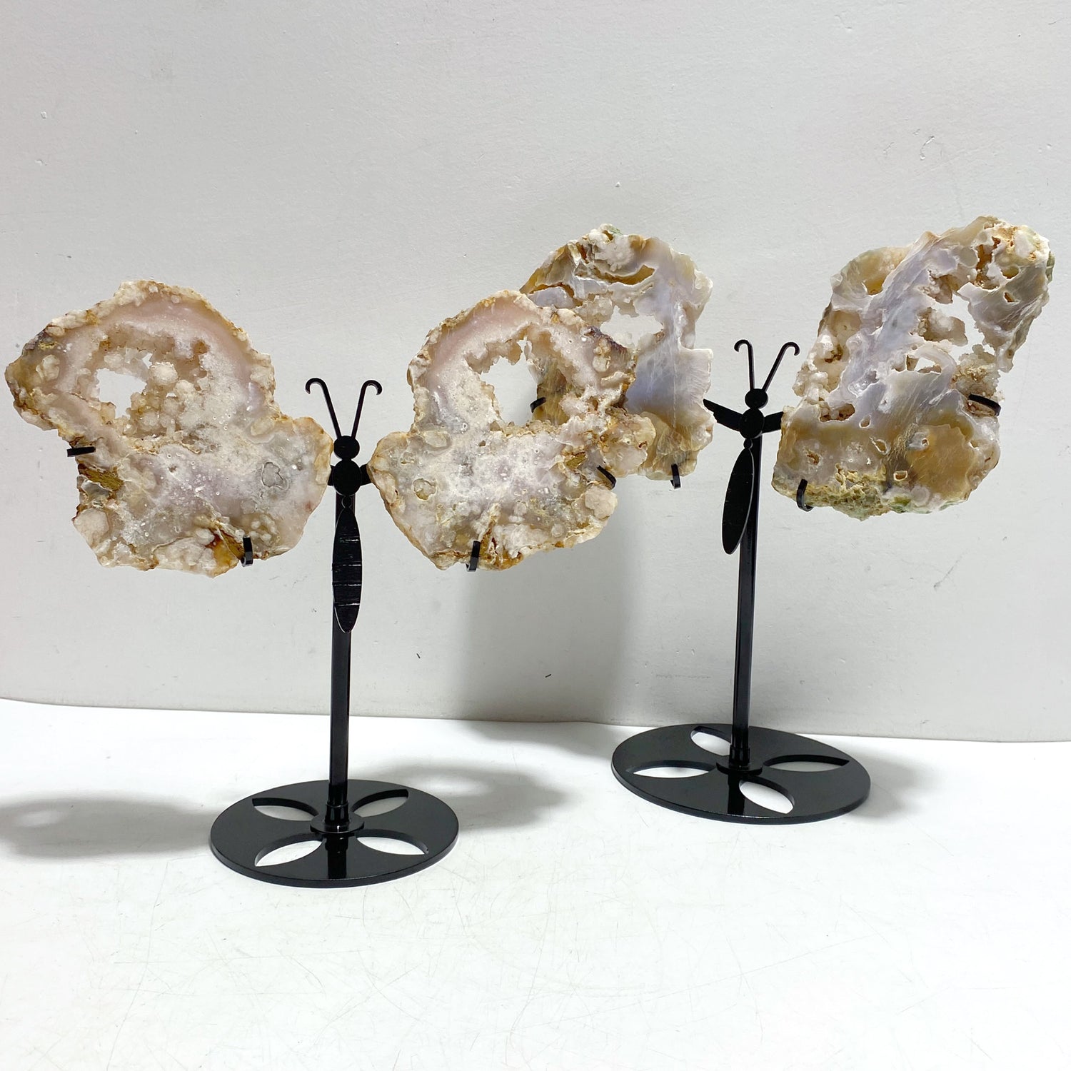 2 Pairs Geode Druzy Sakura Flower Agate Butterfly Wing With Stand