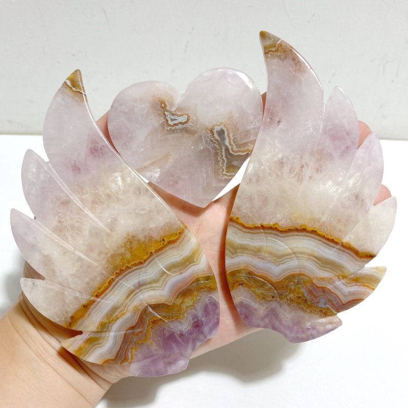 Amethyst Mixed Stripe Agate Heart Wing Carving With Stand -Wholesale Crystals