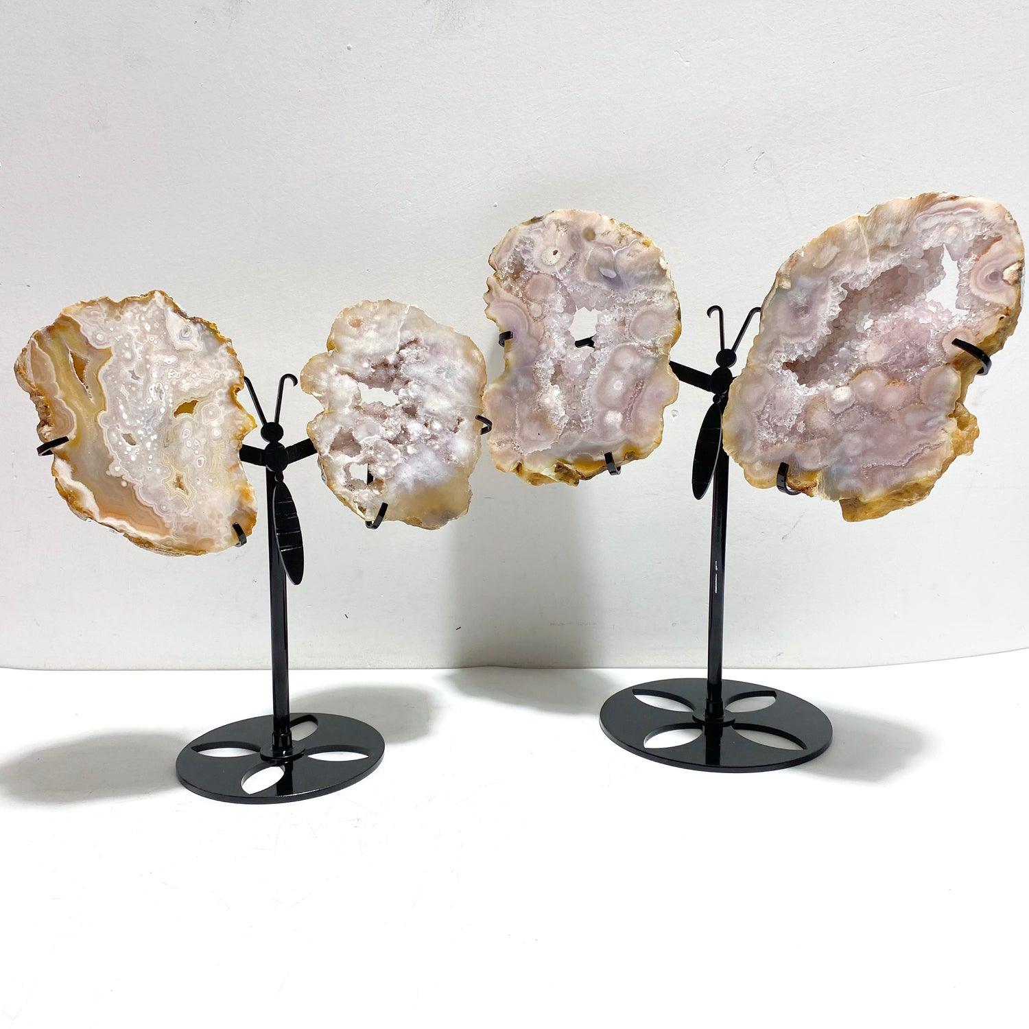 2 Pairs Geode Druzy Sakura Flower Agate Butterfly Wing With Stand