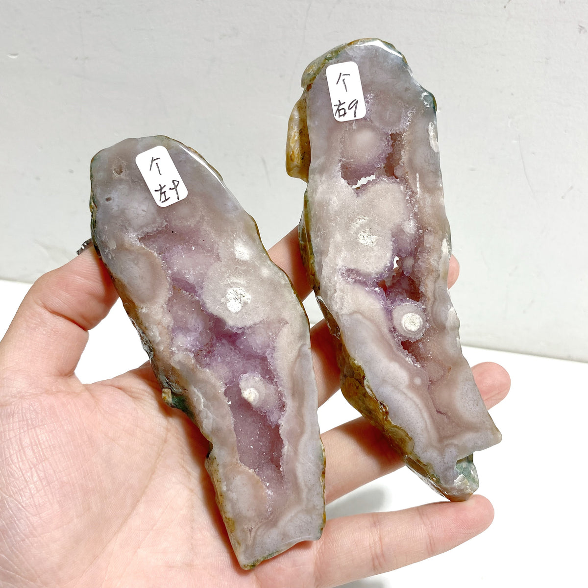 2 Pairs Geode Druzy Pink Amethyst Slab Butterfly Wing Carving With Stand #4