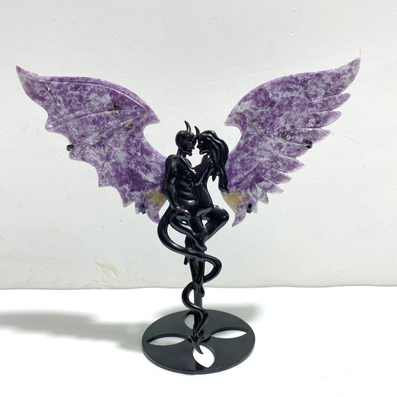 Beautiful Spark Lepidolite Demon And Angel Wing Carving With Stand - Wholesale Crystals