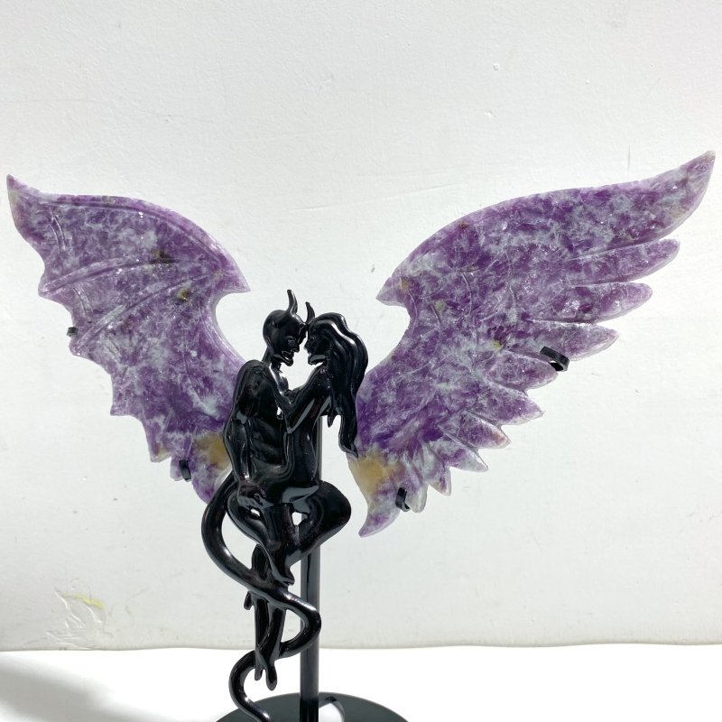 Beautiful Spark Lepidolite Demon And Angel Wing Carving With Stand - Wholesale Crystals