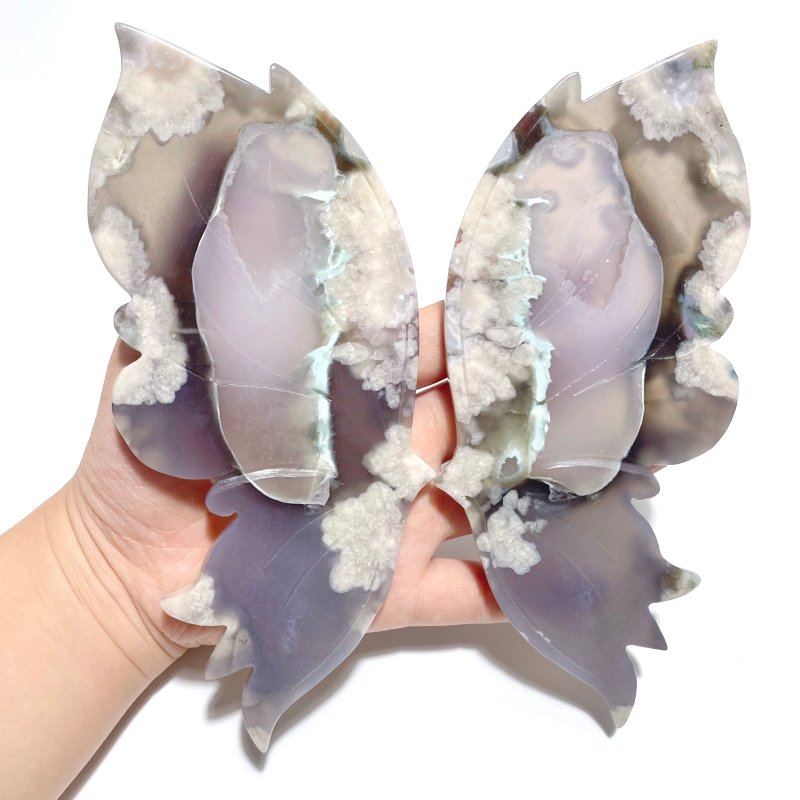 Black Sakura Flower Agate Butterfly Wing Carving With Stand - Wholesale Crystals