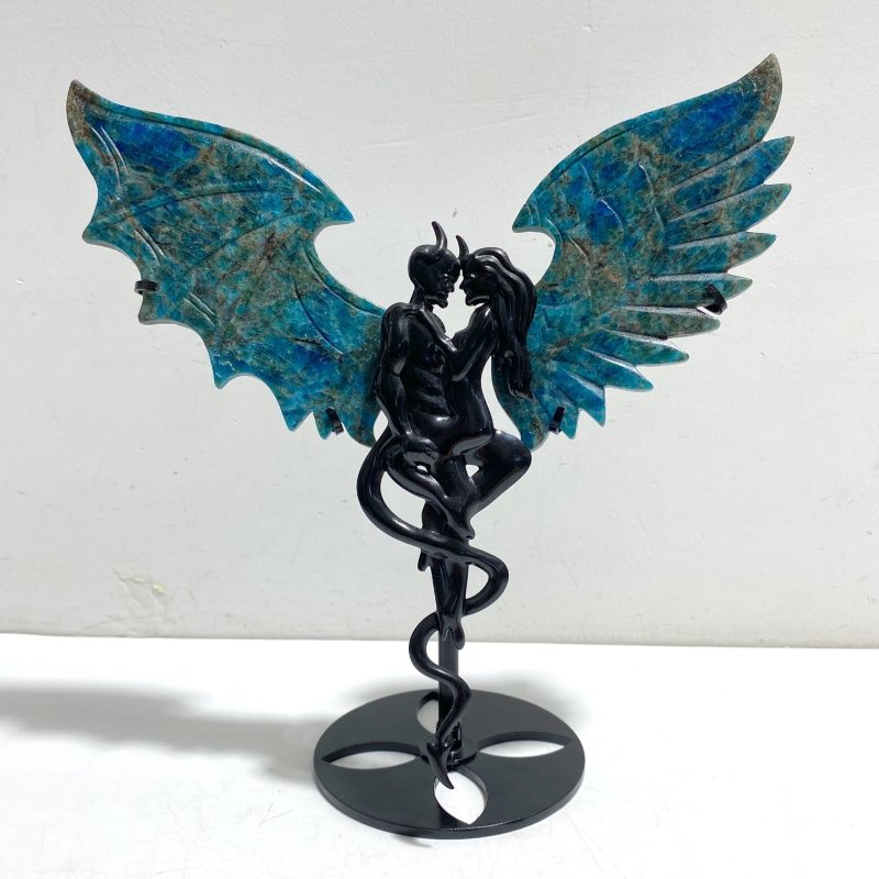 Blue Apatite Demon And Angel Wing Carving With Stand - Wholesale Crystals