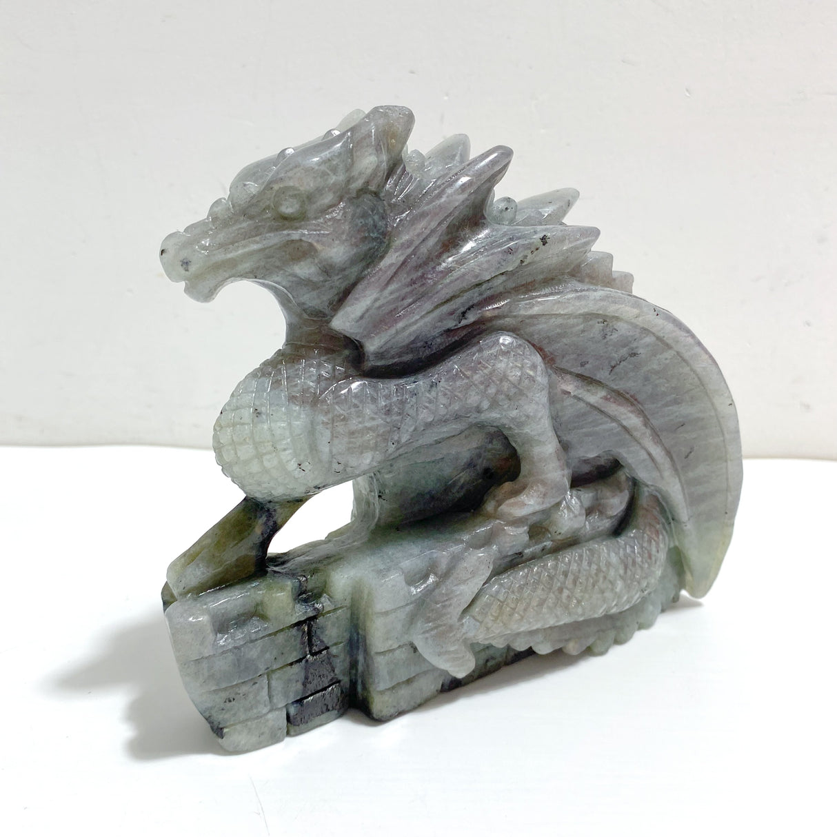 Unique Labradorite Flying Dragon Castle Carving