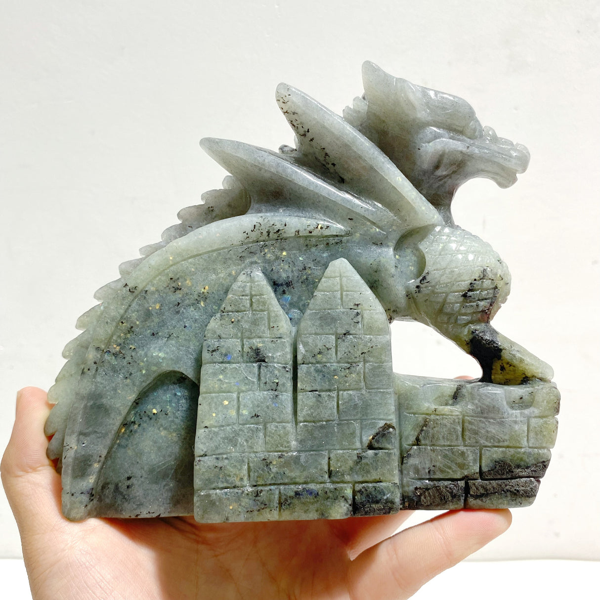 Unique Labradorite Flying Dragon Castle Carving