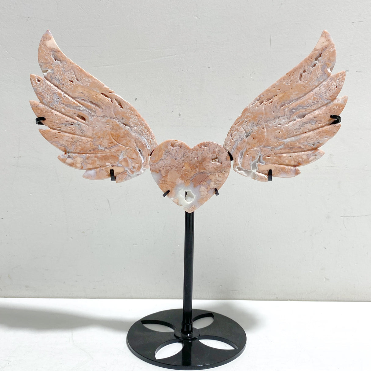 Unique Pink Agate Heart Wing Carving With Stand