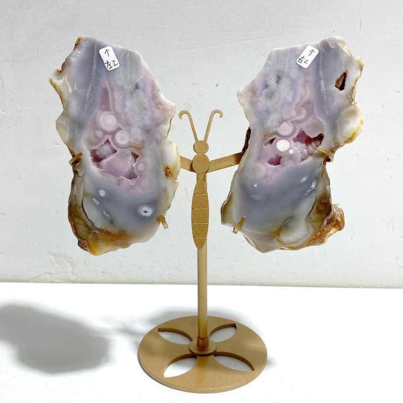 Geode Druzy Sakura Flower Agate Slab Butterfly Wing Carving With Stand -Wholesale Crystals