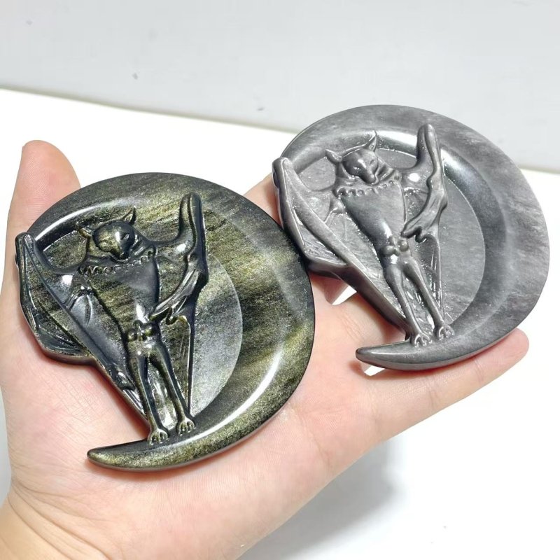 Gold Sheen Obsidian Silver Sheen Obsidian Moon Bat Halloween Carving Wholesale - Wholesale Crystals