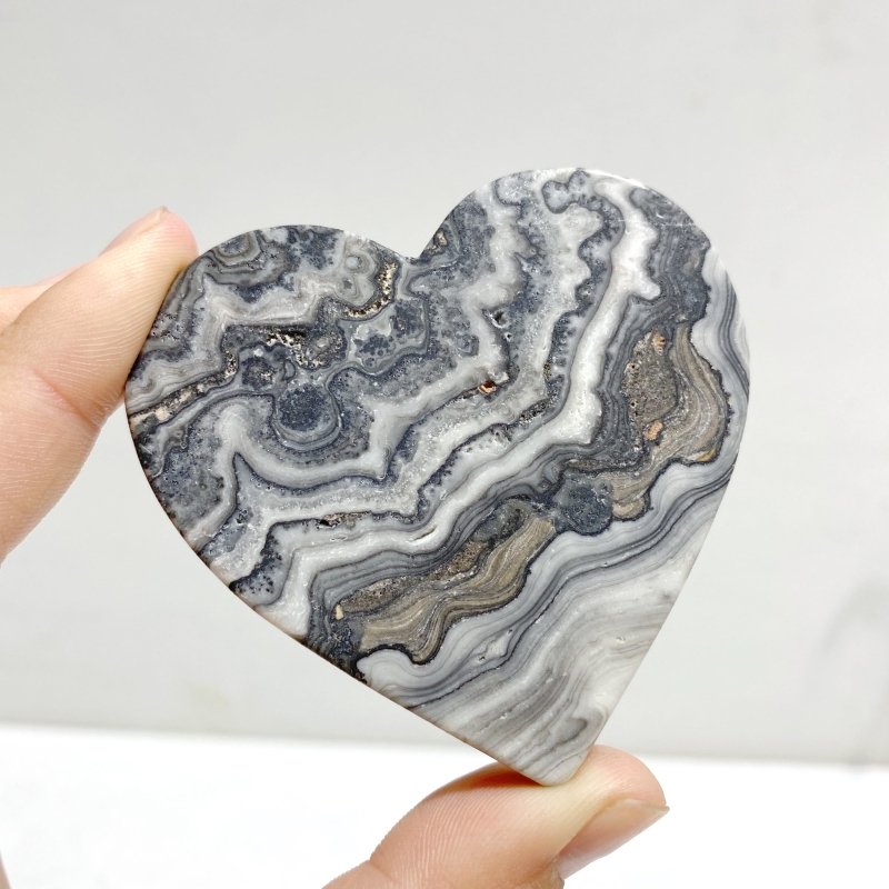 Gray Lace Agate Heart Wing Carving With Stand -Wholesale Crystals