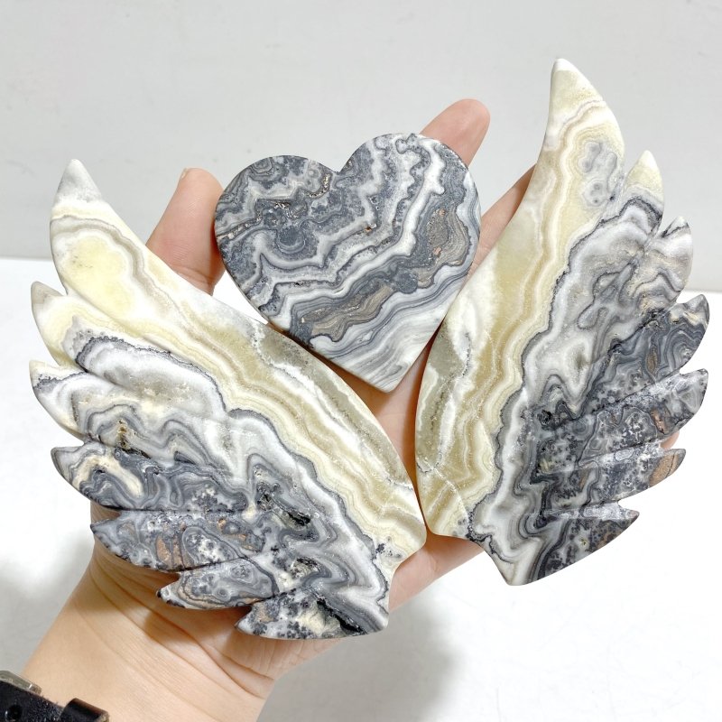 Gray Lace Agate Heart Wing Carving With Stand -Wholesale Crystals
