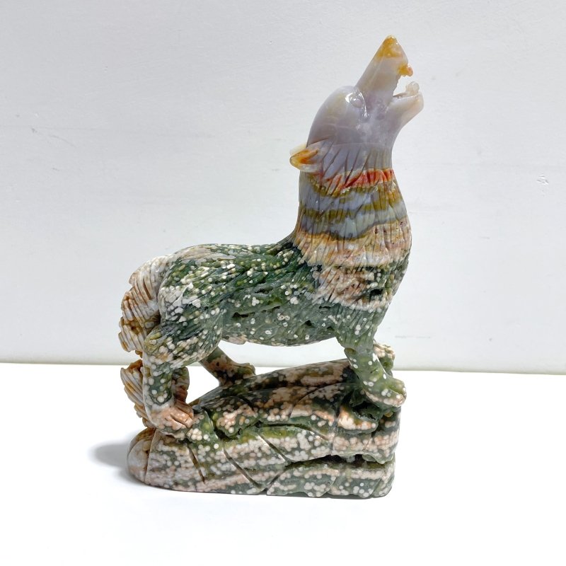 Large 8th Vein Ocean Jasper Wolf Carving - Wholesale Crystals