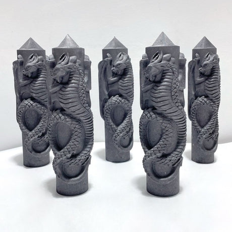 Large Shungite 7.4in Tower With Dragon Carving Wholesale - Wholesale Crystals