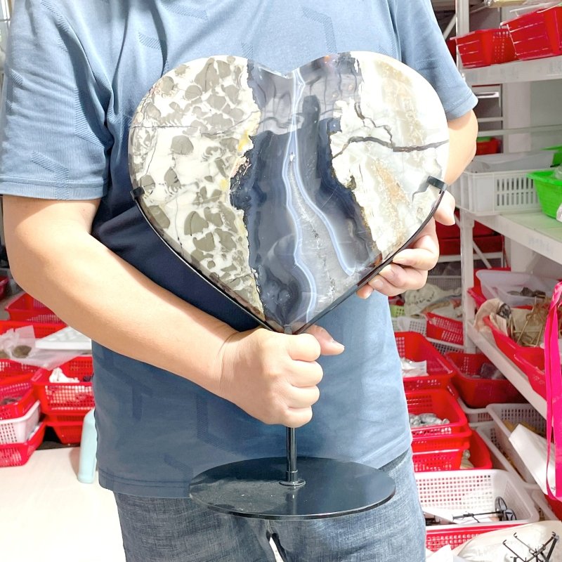 Large Volcano Agate Heart With Stand (UV - Reactive) - Wholesale Crystals