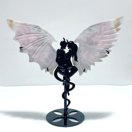 Pink Flower Agate Demon And Angel Wing Carving With Stand - Wholesale Crystals