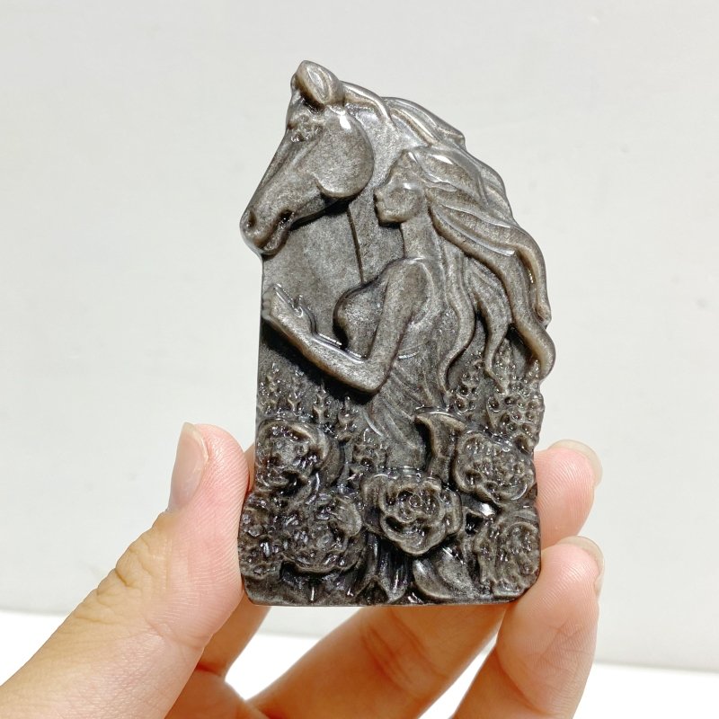 Silver Sheen Obsidian Lady With Horse Carving Wholesale -Wholesale Crystals