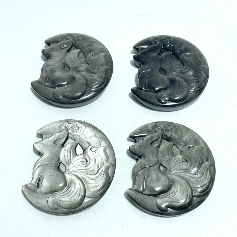 Silver Sheen Obsidian Nine - tailed Fox Moon Carving Wholesale - Wholesale Crystals