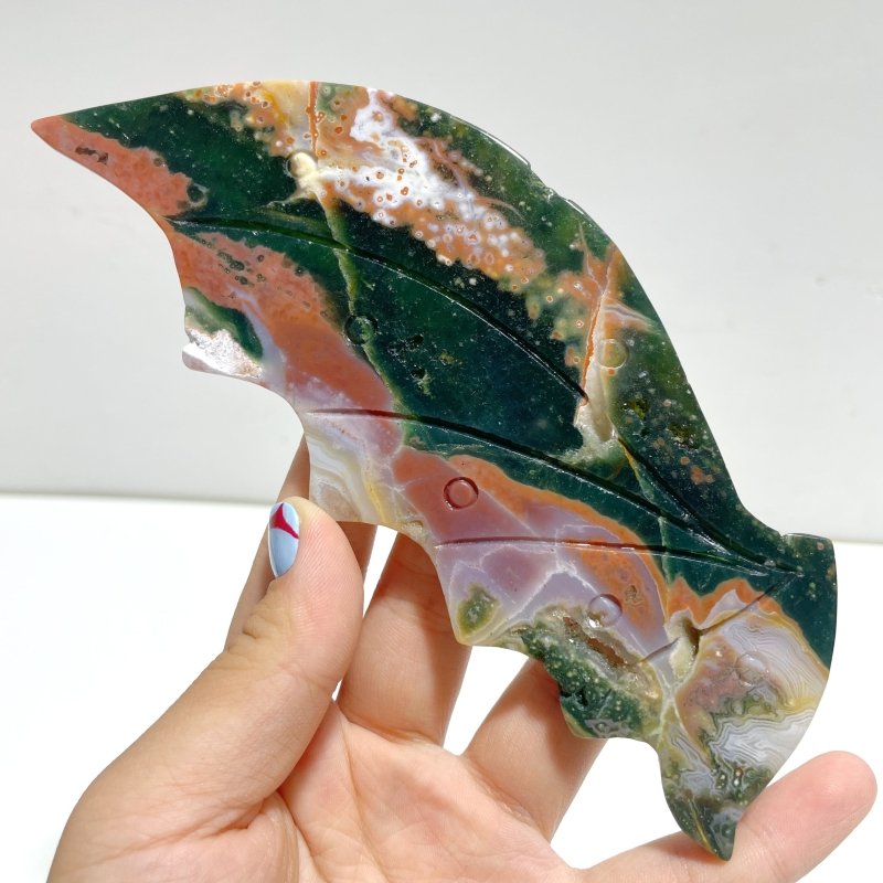Unique 8th Vein Ocean Jasper Flying Dragon Wing Carving With Stand - Wholesale Crystals