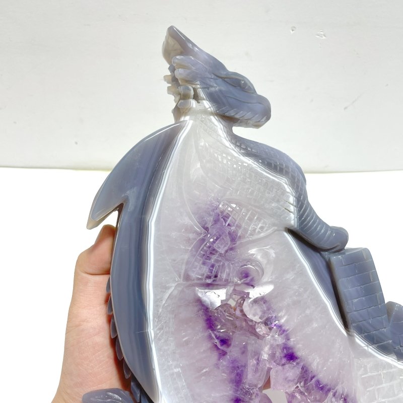 Unique Large Amethyst Mixed Geode Druzy Agate Flying Dragon Castle Carving With Stand - Wholesale Crystals