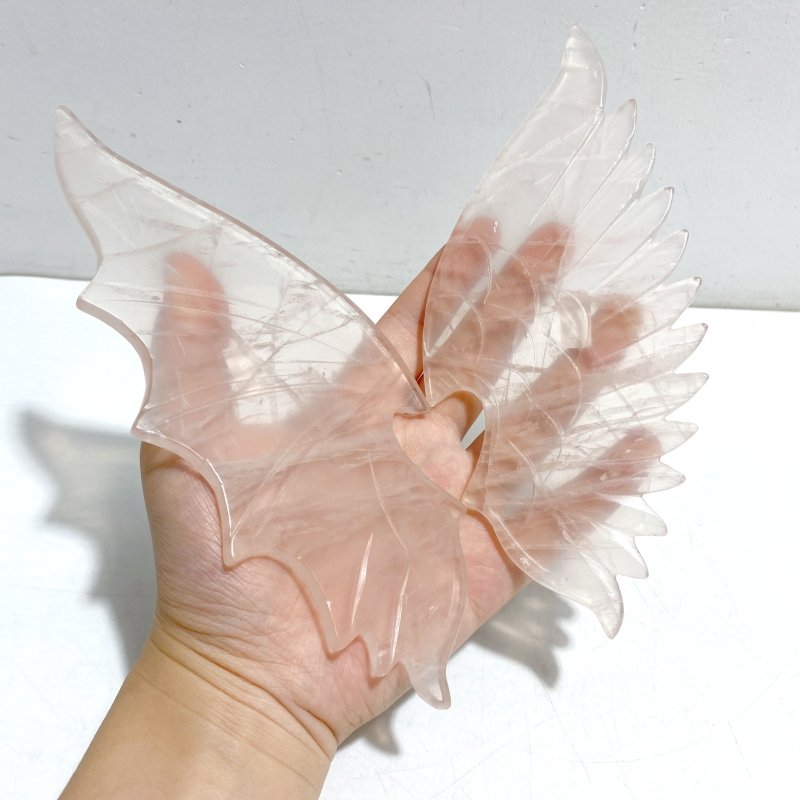 Unique Rose Quartz Demon And Angel Wing Carving With Stand - Wholesale Crystals