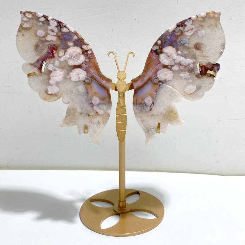 Unique Sakura Flower Agate Butterfly Wing Carving With Stand -Wholesale Crystals