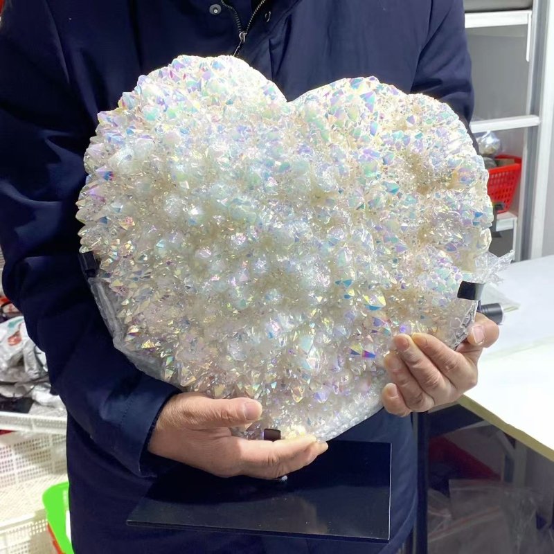Very Large Aura Quartz Cluster Heart With Stand 1 - Wholesale Crystals