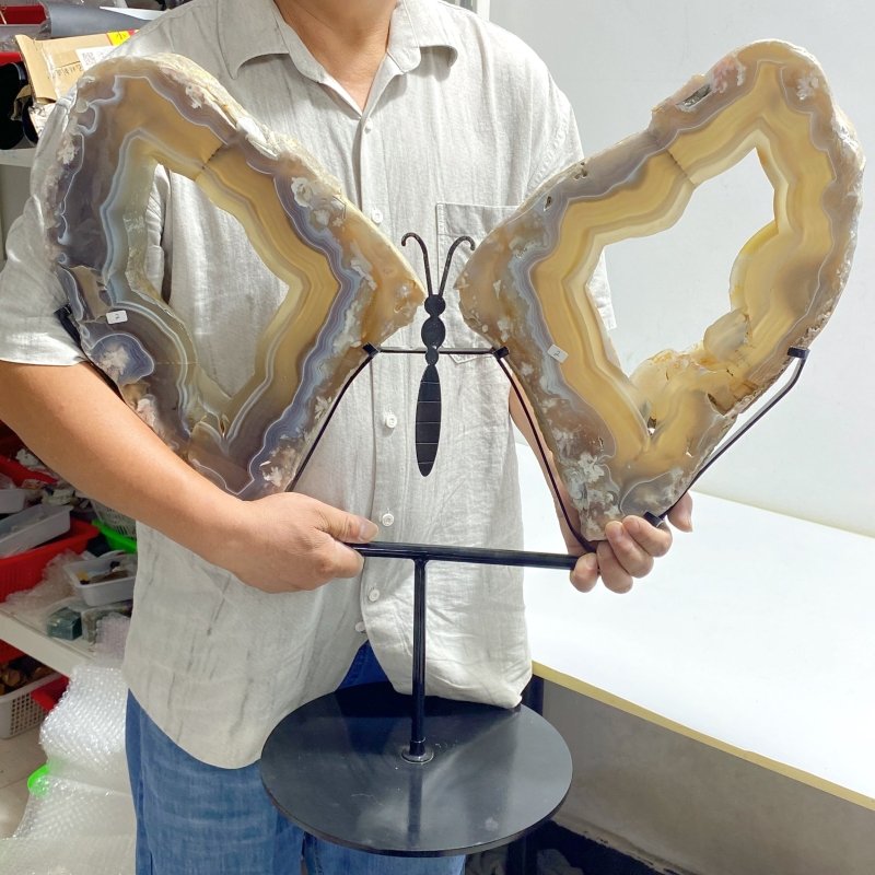 Very Large Beautiful Geode Druzy Sakura Flower Agate Butterfly Wing Carving With Stand 3 (Sea Freight Only) -Wholesale Crystals