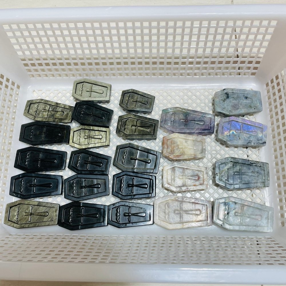 24 Pieces Mixed Stone Coffin Carving labradorite & Gold Obsidian Sunstone Fluorite -Wholesale Crystals