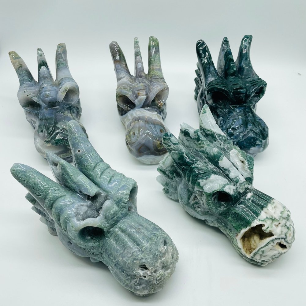 5 Pieces High Quality Geode Moss Agate Dragon Head Carving -Wholesale Crystals
