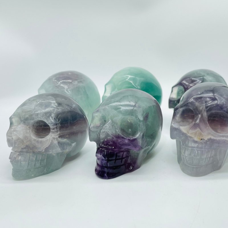 6 Pieces Large Fluorite Halloween Skull Carving -Wholesale Crystals