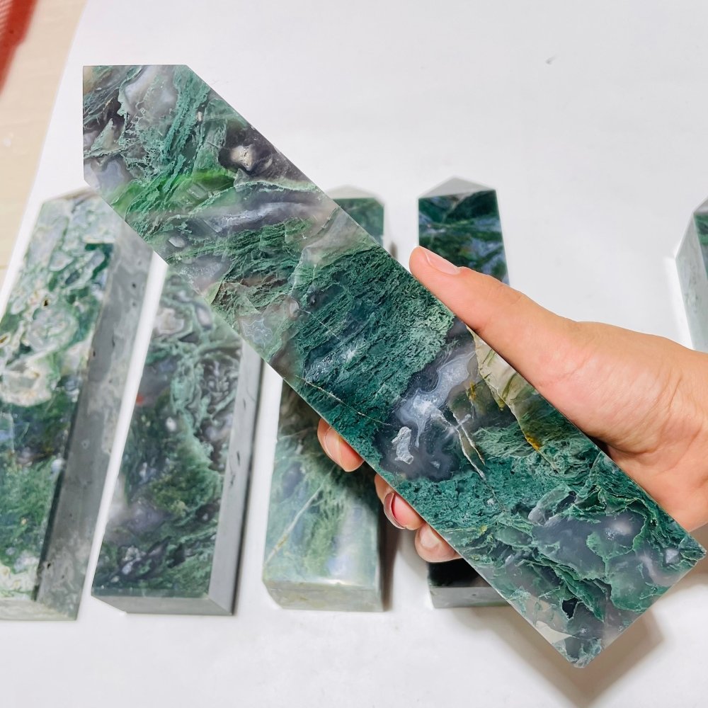 6 Pieces Large Moss Agate Four-Sided Tower Points -Wholesale Crystals